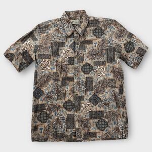 Vintage Two Paddles Shirt Mens Large Classic Fit Hawaiian Tribal SS Cotton Brown